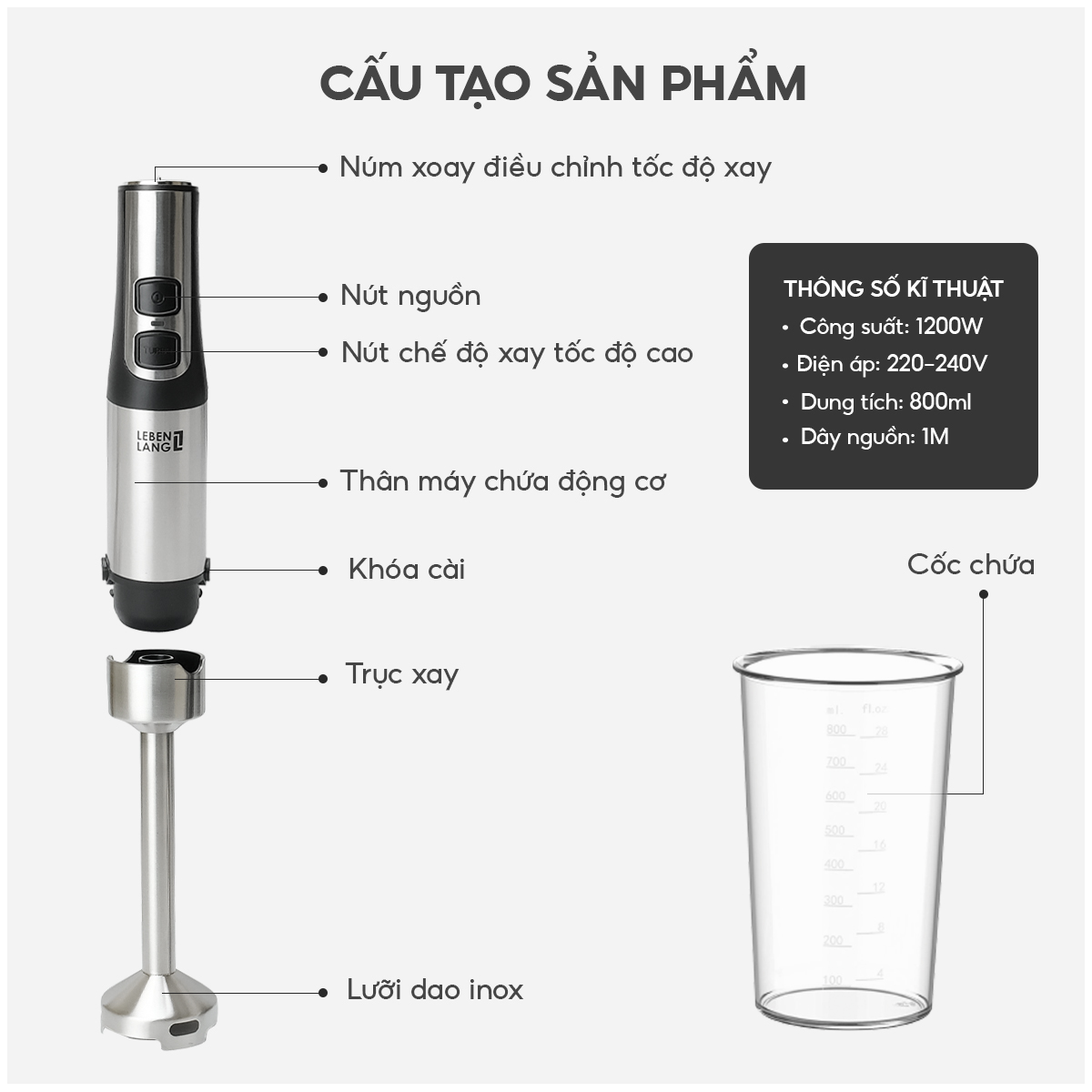 Máy xay sinh tố cầm tay đa năng Lebenlang LBL104, 1200W, 800ml, lưỡi dao 4 cánh, bảo hành 2 năm – hàng chính hãng