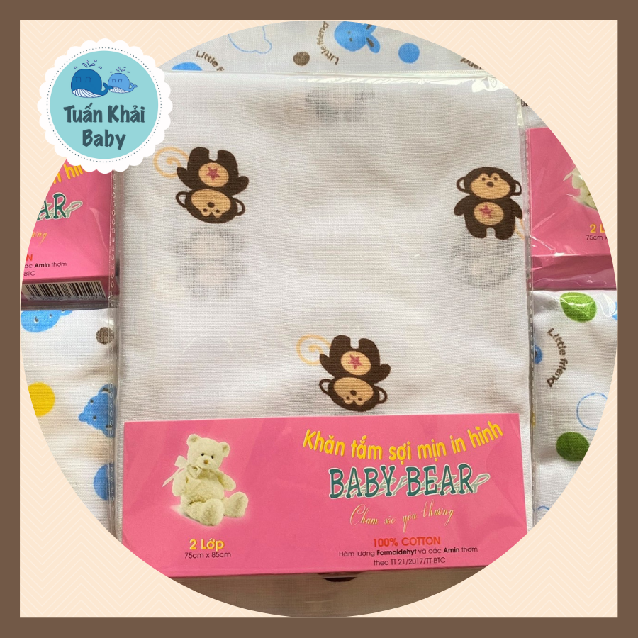 Khăn tắm sơ sinh in hình 2 Lớp sợi mịn Baby Bear túi 1 cái 75x95 cm