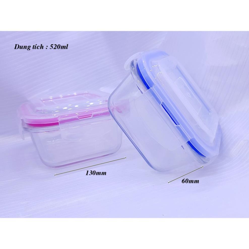 Hộp lạnh thủy tinh vuông nắp nhựa kín 520ml | HỘP THỦY TINH NẮP KÍN CAO CẤP