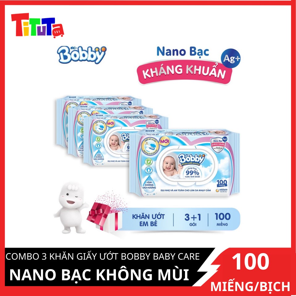 Combo Tiết Kiệm 3 Gói Khăn Ướt Bobby Care Không Hương 100 Tờ/Gói - Tặng 1 Gói Cùng Loại