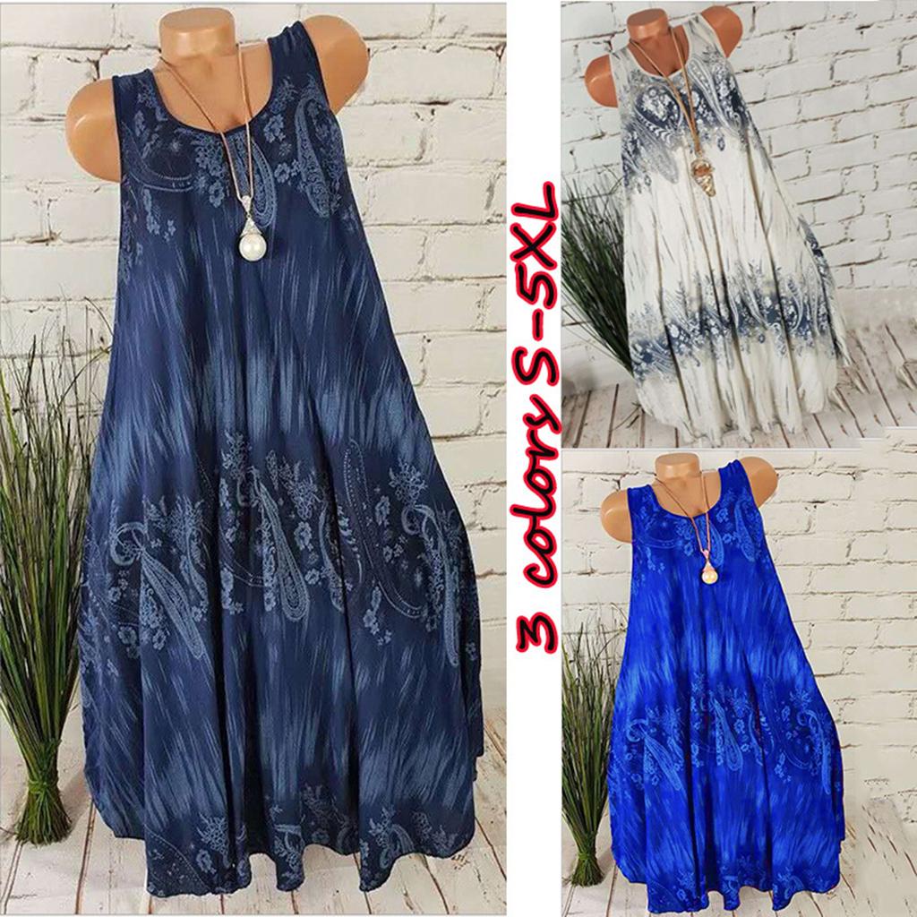 Ladies Summer Flower Plus Size Sleeveless Swing T-Shirt Beach Cover Up Dress