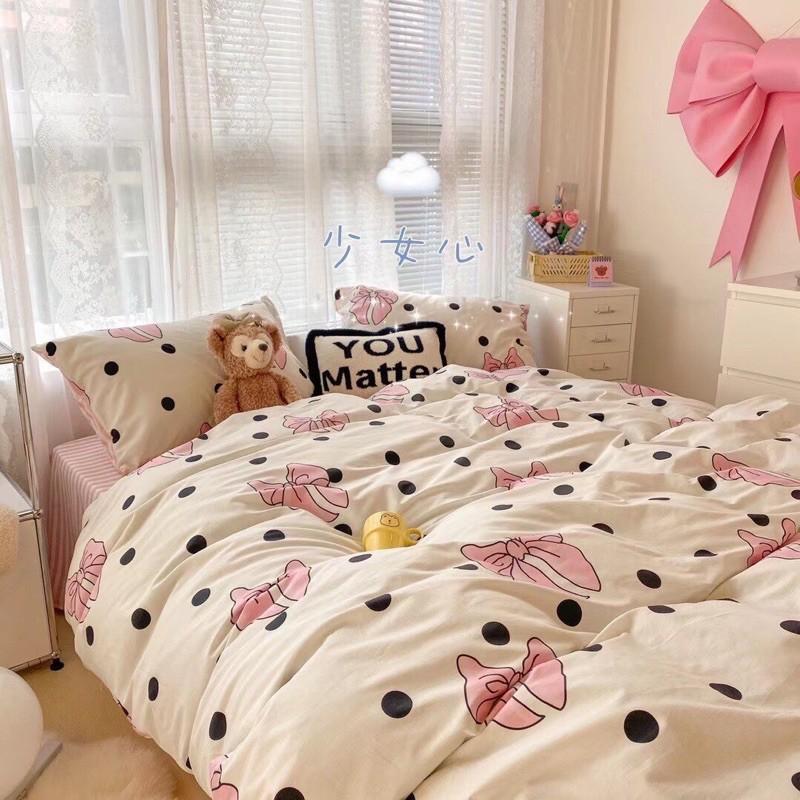 Bộ Chăn Ga Gối Cotton Living 100%cotton Hàng Nhập Khẩu Cao Cấp 4 Món Nơ Chấm Bi
