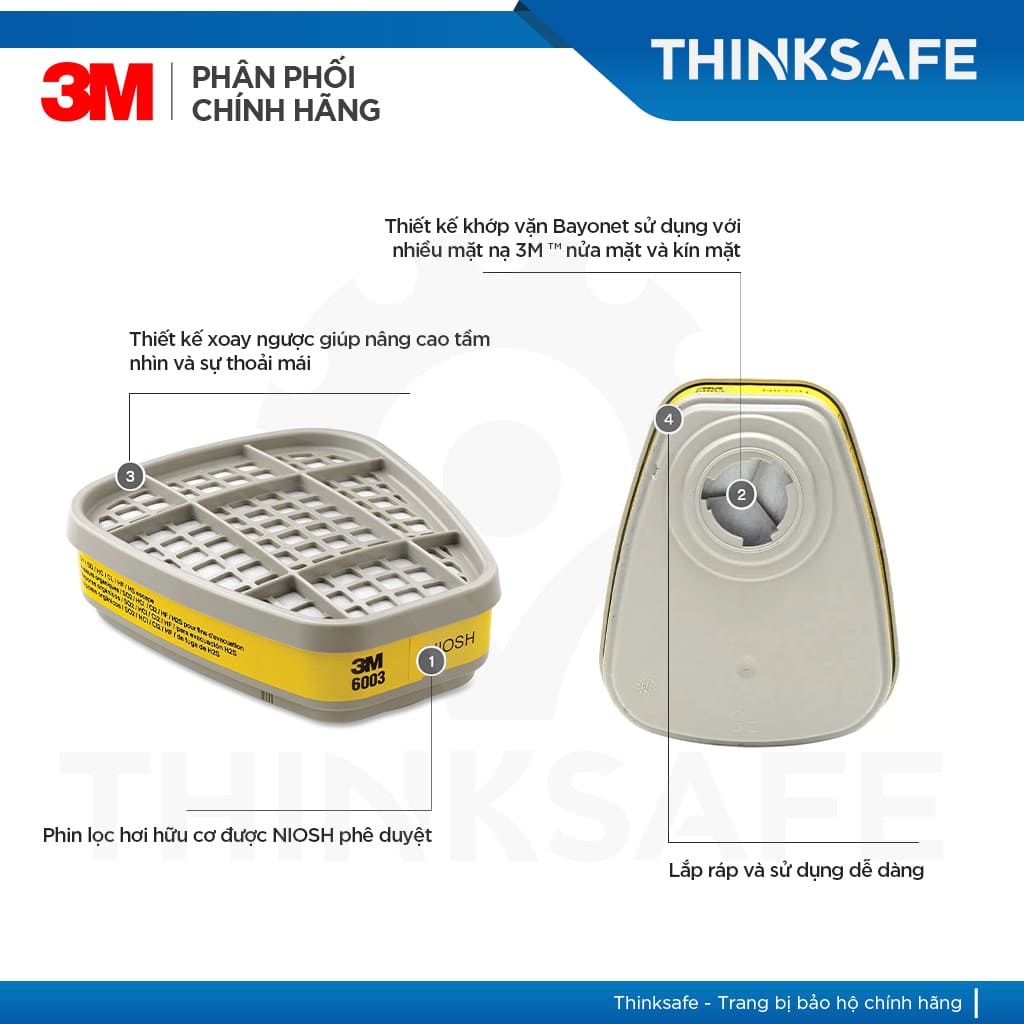 Phin lọc 3M 6003 Phin lọc hơi hữu cơ, vô cơ thường sử dụng cho mặt nạ phòng độc 3M 6200, 3M 7502, 3M 6800