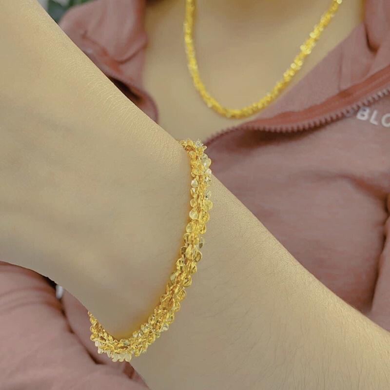 ̆́ mạ vàng 18k xoắn hoa mai, vòng tay nữ xoắn lá bền màu khắc ký hiệu