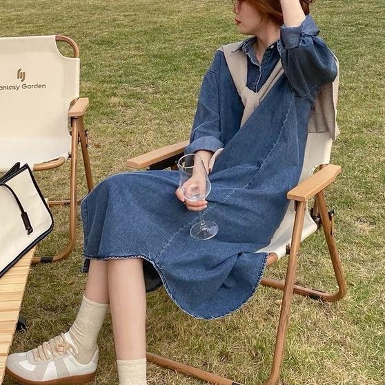 Váy sơ mi Jeans dáng dài, váy jean dài tay dáng rộng, mẫu mới A17