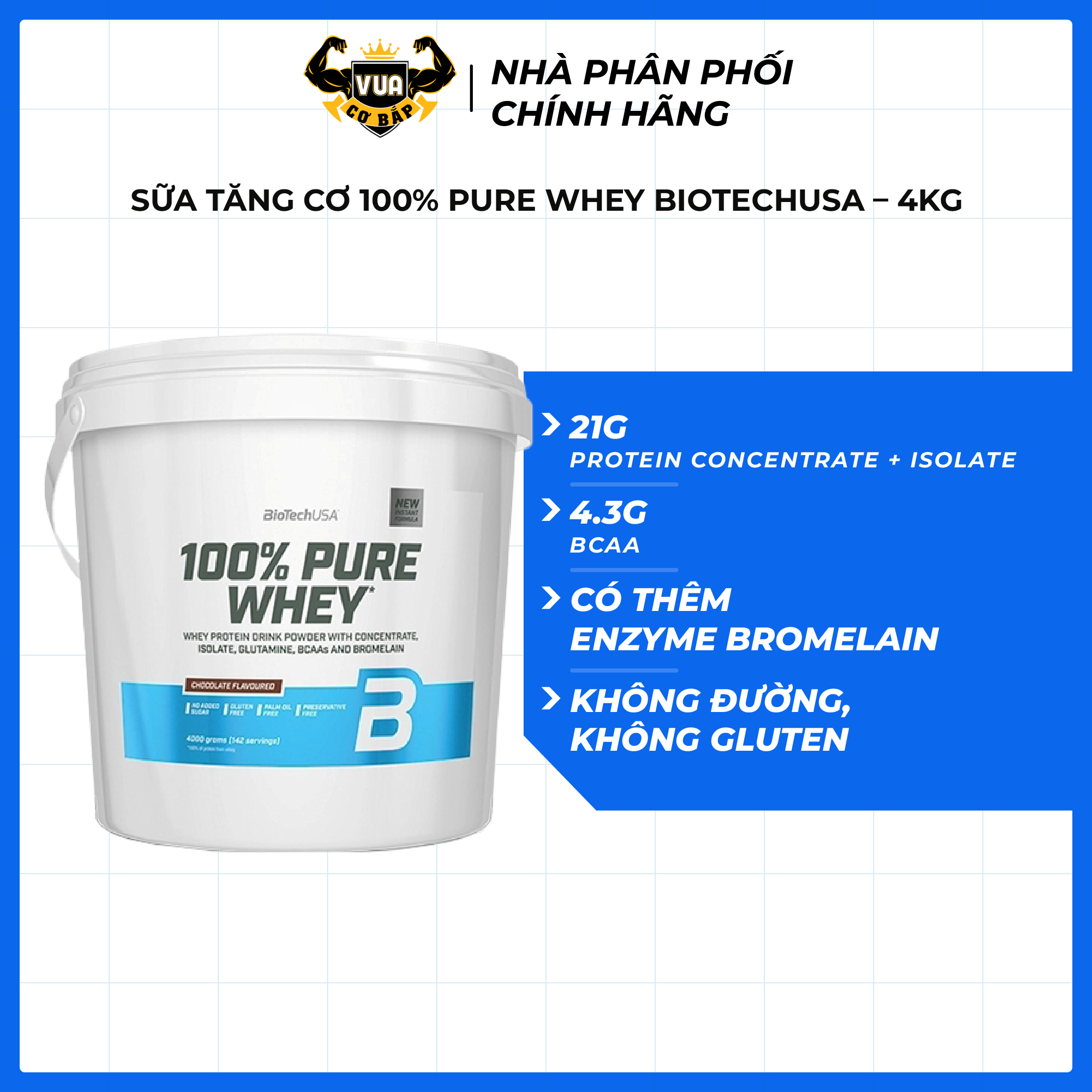 Sữa Tăng Cơ 100% Pure Whey BiotechUSA Thùng 4Kg - Nhiều Vị Thơm Ngon