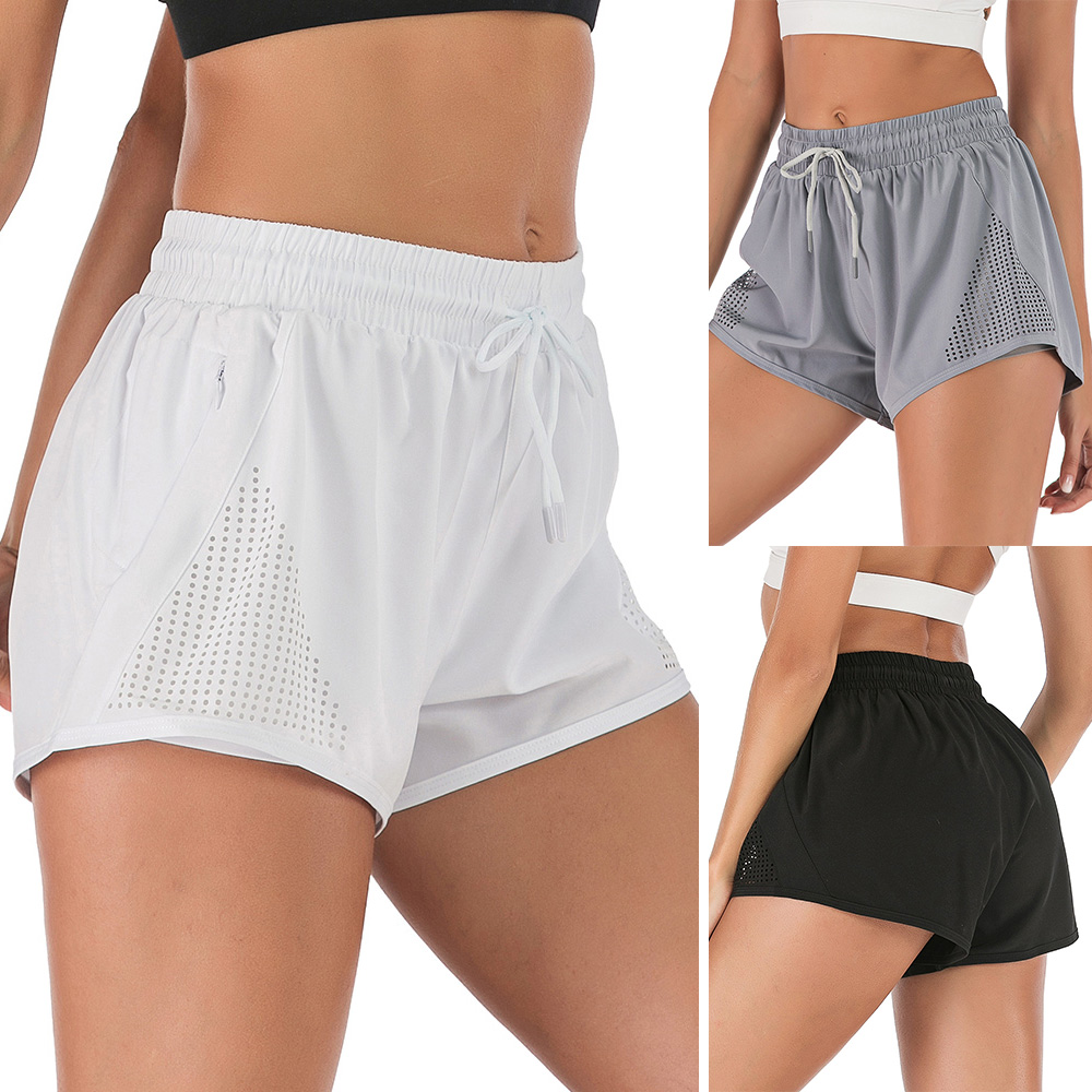 Quần shorts thể thao dành cho nữ, thiết kế thời trang, giả 2 mảnh, nhanh khô, thấm hút mồ hôi