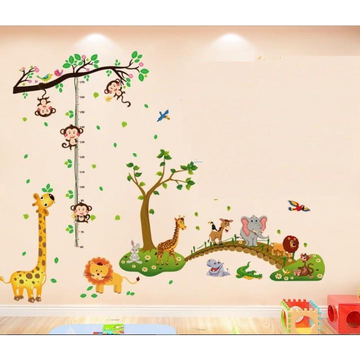 BỘ COMBO DECAL GHÉP ĐÔI TRANG TRÍ - Thước Đo Khỉ kết hợp Cây Cầu Gỗ Thú