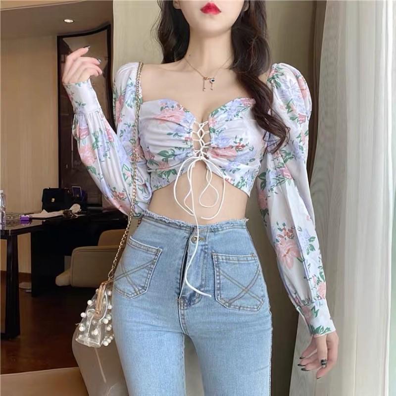 Áo croptop hoa lụa thắt nơ ngực sexy 2021