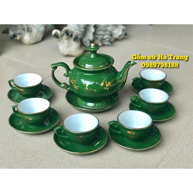 Bộ ấm chén phú quý men rêu vẽ vàng Phúc Lộc Thọ gốm sứ Bát Tràng cao cấp