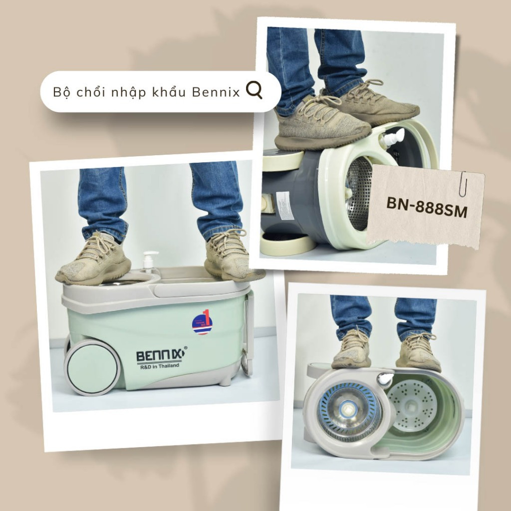 Bộ cây lau nhà cán Inox Bennix Thái Lan BN-888SM xoay 360 có bánh xe lớn