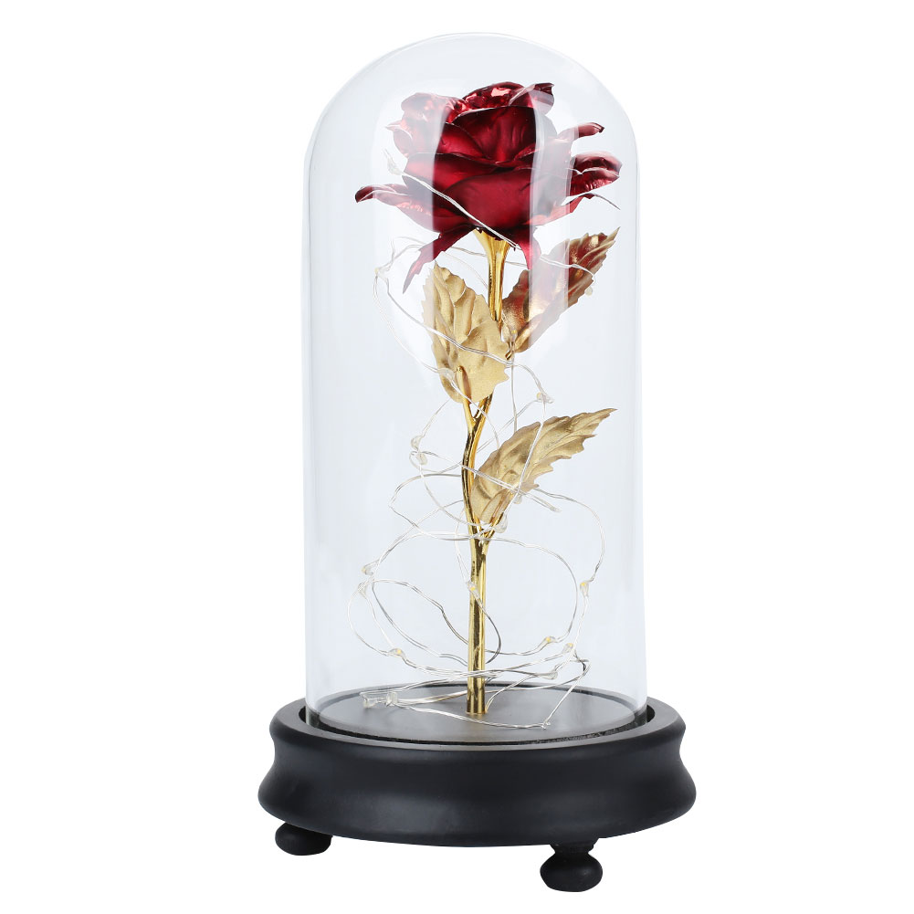 Gold Foil Rose Eternal Flower Romantic Luminous LED Glass Cover Gift - Red
