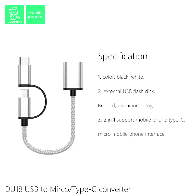 Bổ Chuyển Đổi 2IN1 VDENMENV DU18 Giúp Chuyển Dữ Liệu Từ Type-C/Micro Sang USB-Hàng Chính Hãng