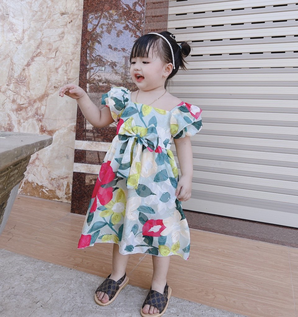 Váy Mẹ - Bé Tơ Lụa Hoa Xanh Bé Gái 4 Đến 28kg, Đầm Bé Gái Chất Tơ Lụa Nổi 2 Lớp