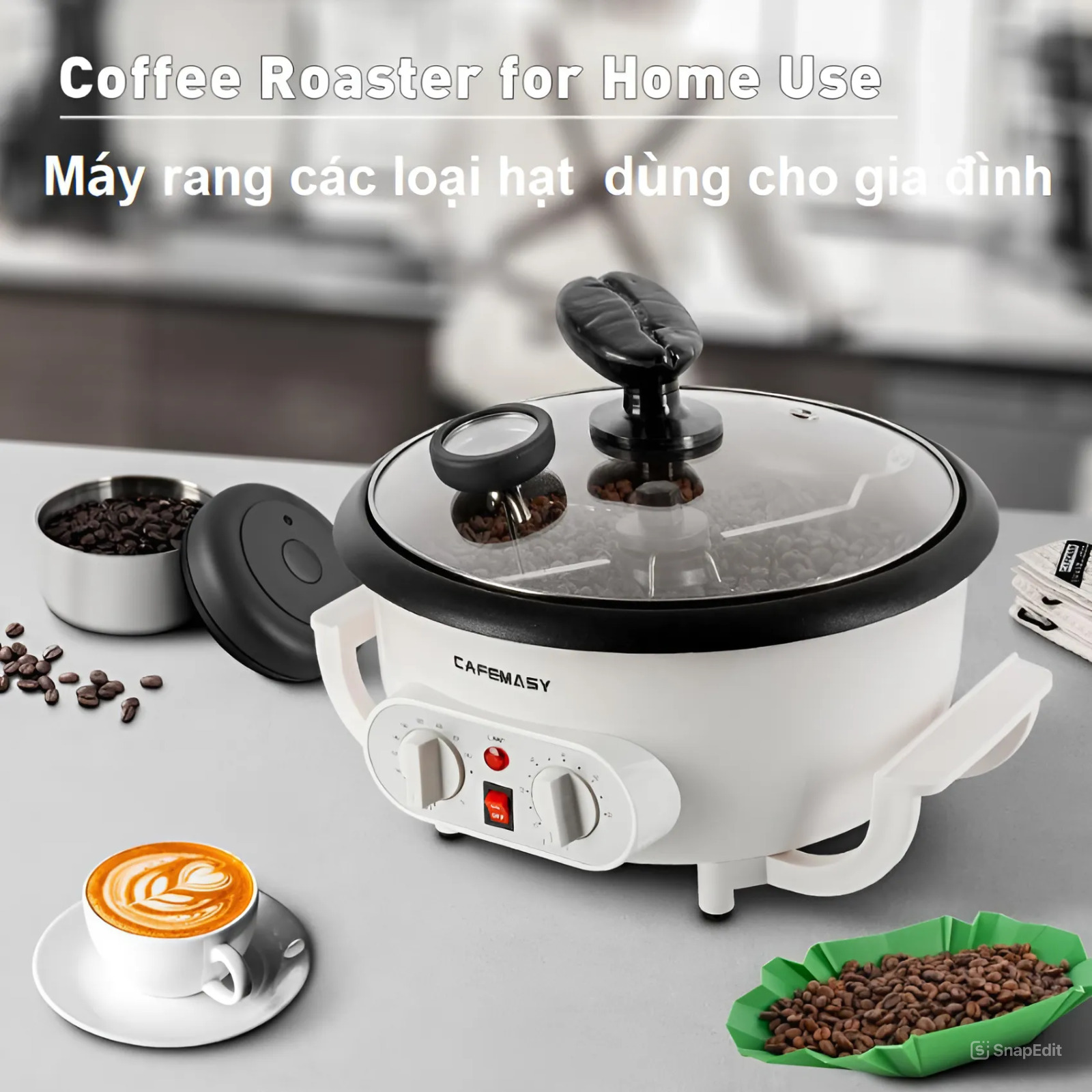 Máy rang hạt cà phê và các loại hạt tự động tích hợp điều chỉnh thời gian, thương hiệu Mỹ cao cấp Cafemasy SCR-300B - Hàng Nhập Khẩu