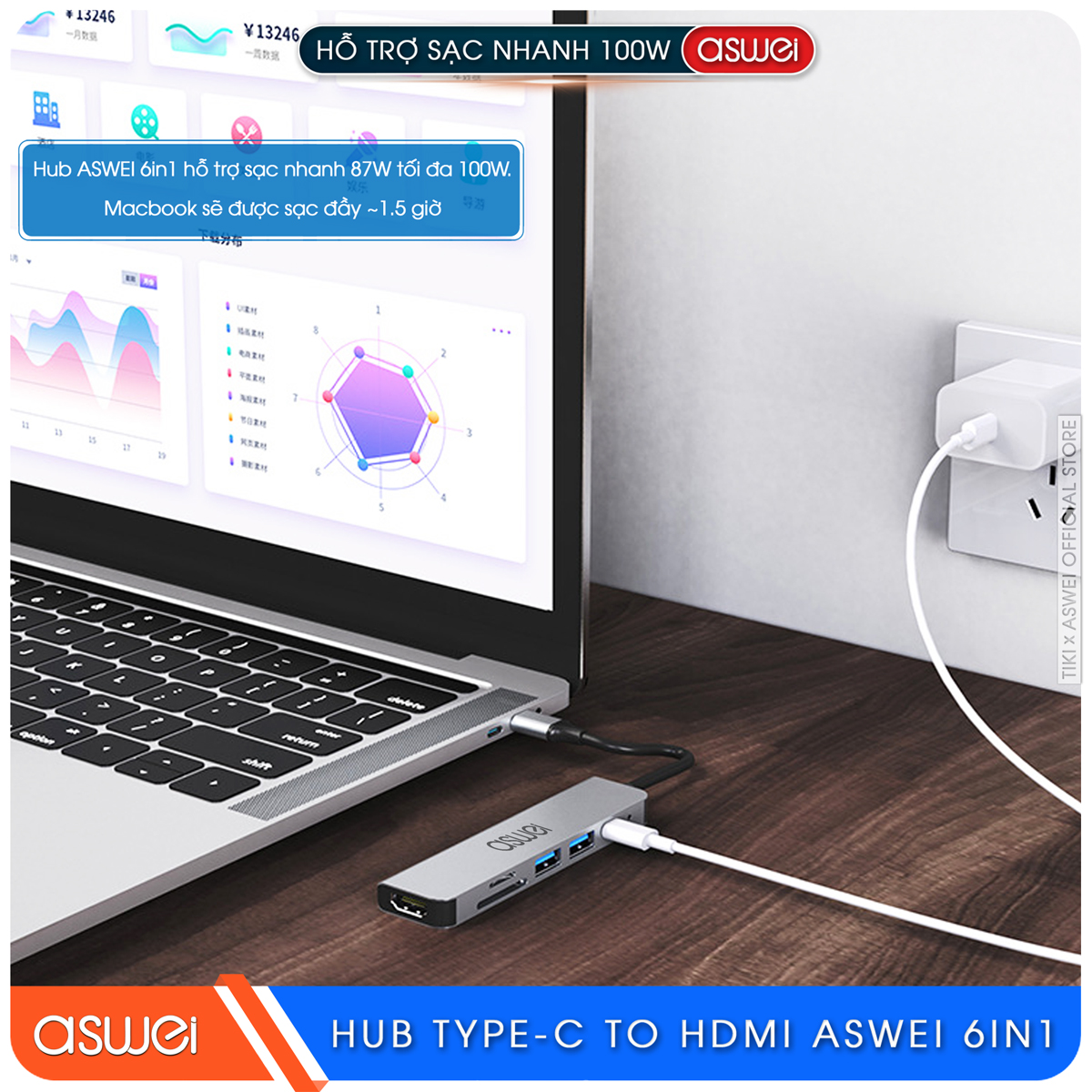 Hub Type C ASWEI 6 in 1 To HDMI, USB 3.0, SD, TF, PD 100W - Hàng Chính Hãng