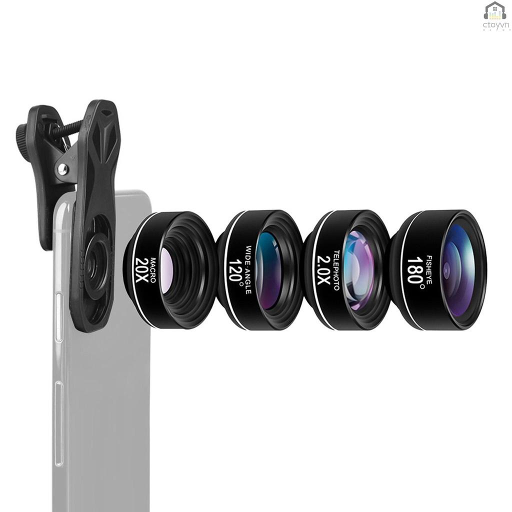 Bộ ống kính máy ảnh điện thoại 4 trong 1 180 Fisheye góc rộng 120x 2.0X kèm túi đựng bằng vải EVA