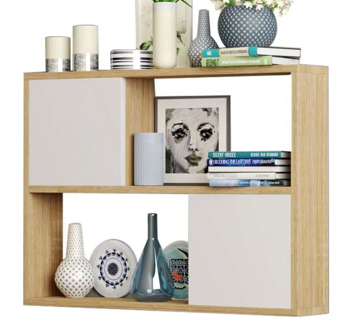 Kệ Gỗ Treo Tường 2 Tầng 2 Cánh Tủ Màu Trắng và Sồi Juno Sofa CTKT413 KT 120x65x24cm