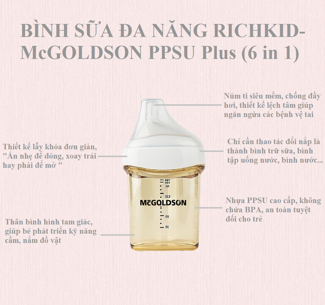 Combo Bình sữa đa năng RICHKID-McGOLDSON PPSU Plus (6 in 1) dung tích bất kỳ - tặng 1 chai sữa tắm Organic - Combo 1 bình 150ml &amp; 240ml