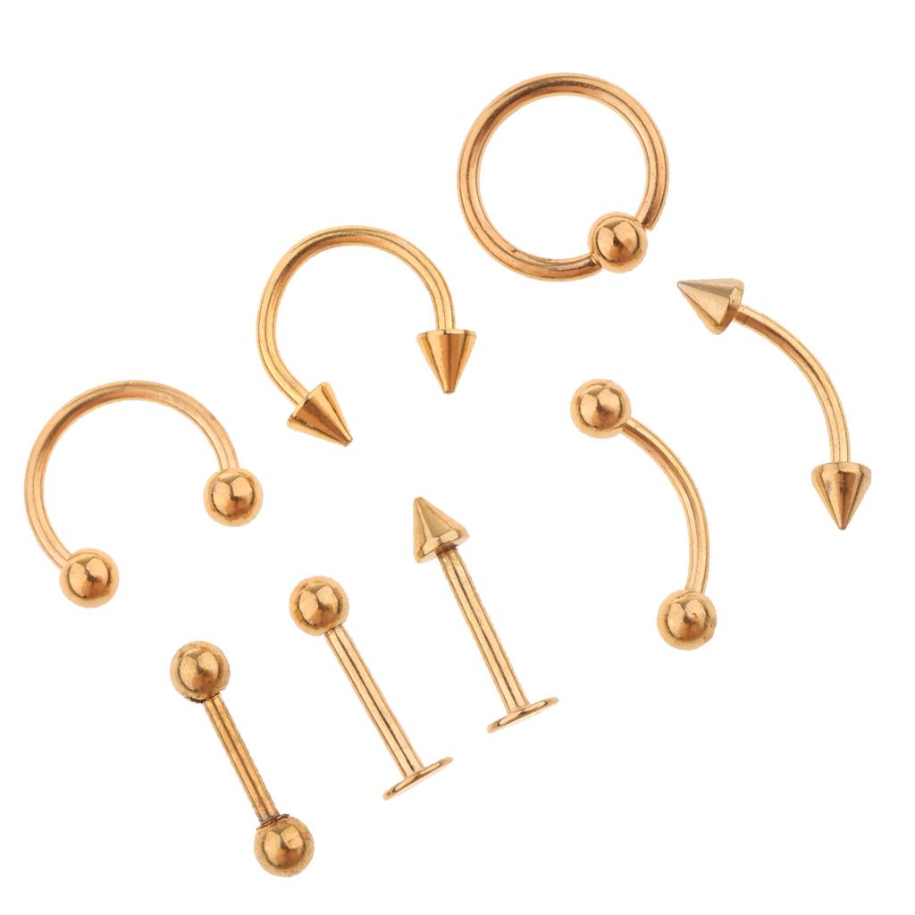 8 Pieces Nose Lip Tongue Eyebrow Tragus Piercing Body Jewelry 16g Gold