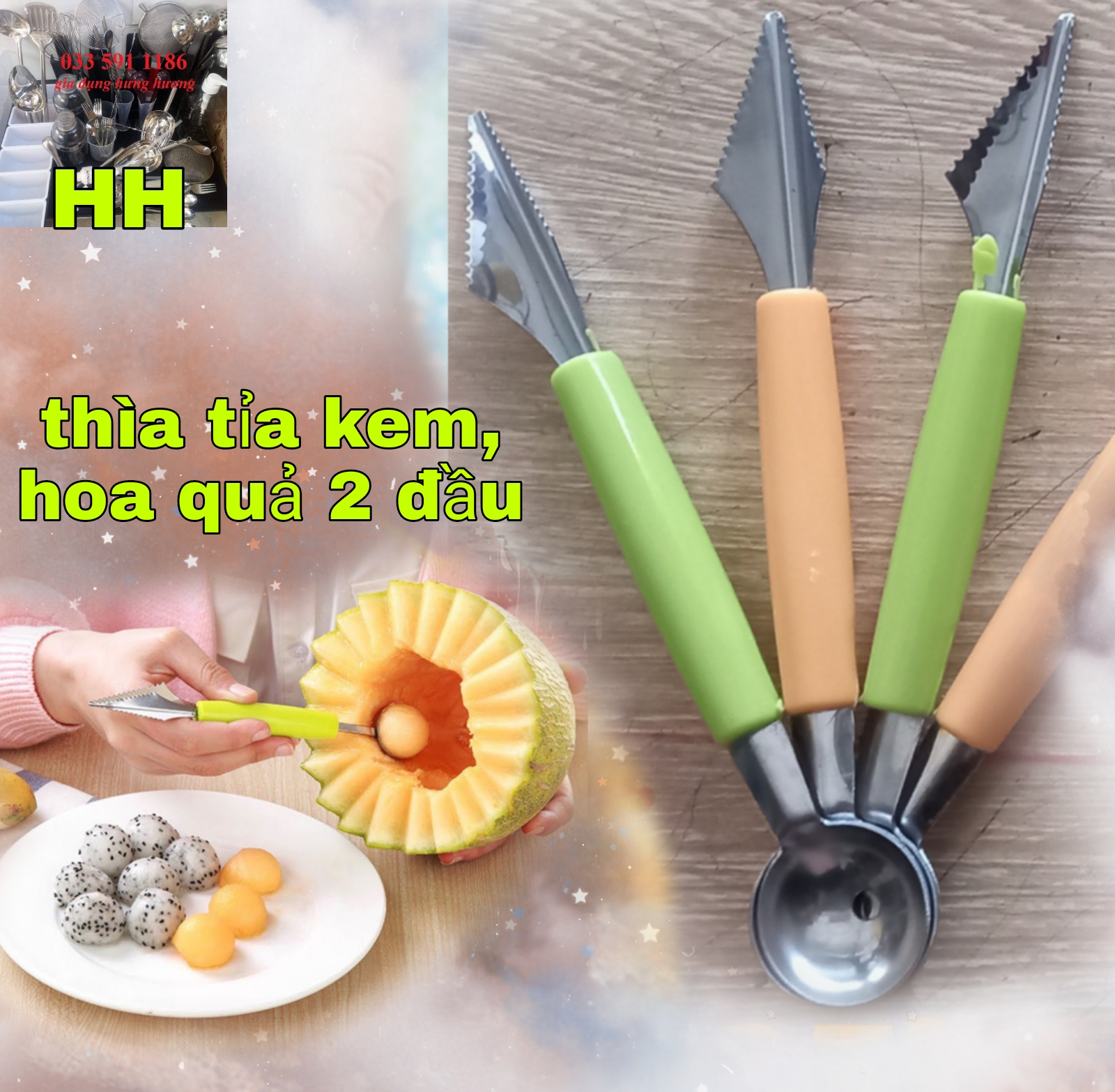 Muỗng múc hai đầu tạo kiểu hình múc hoa quả - múc kem