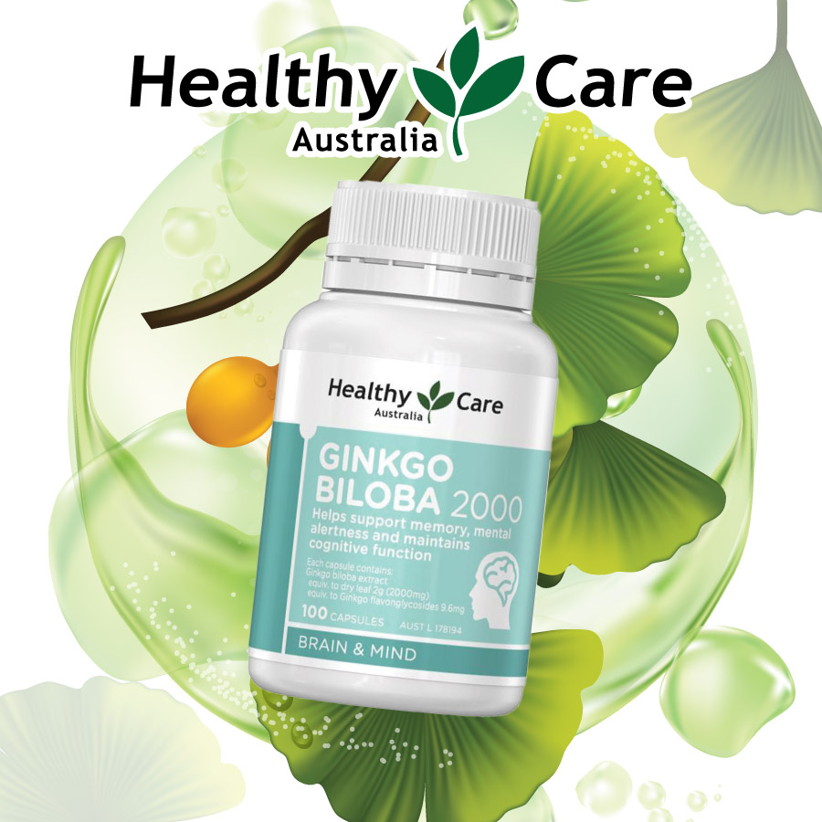 Bổ não Úc Healthy Care Ginkgo Biloba 2000, Giúp tăng tuần hoàn máu não, Cải thiện chức năng nhận thức, Trí nhớ, Giúp an thần và Giảm Stress - OZ Slim Store