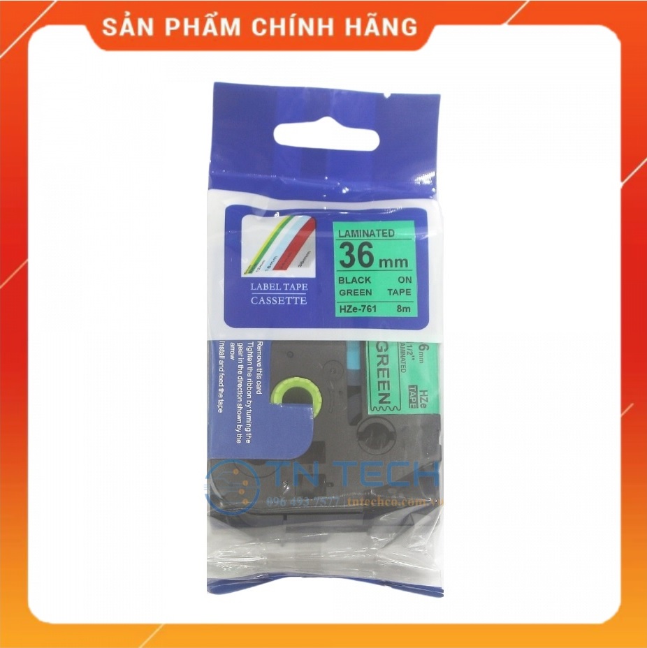 Nhãn In HZE-761 - Đen nền xanh lá 36mm x 8m - Dùng cho máy in BROTHER - AIMO - PUTY [Hàng nhập khẩu]