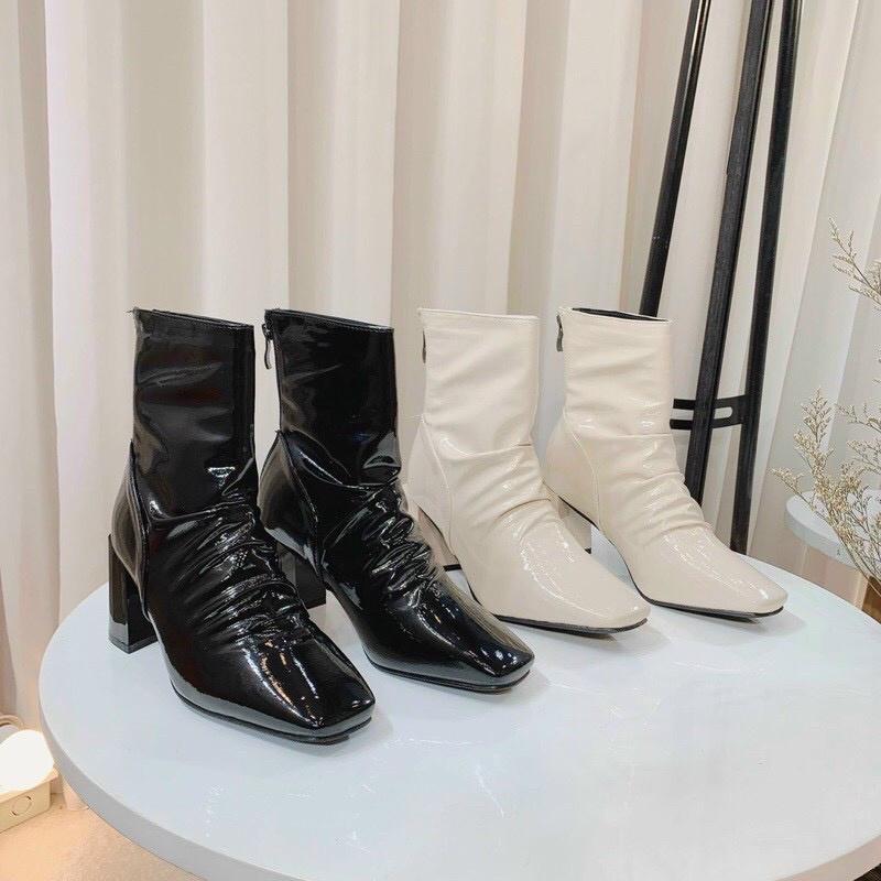 Giày bốt ulzzang, BỐT NHĂN KÉO KHÓA sau da bóng siêu xinh - 2 màu đen kem
