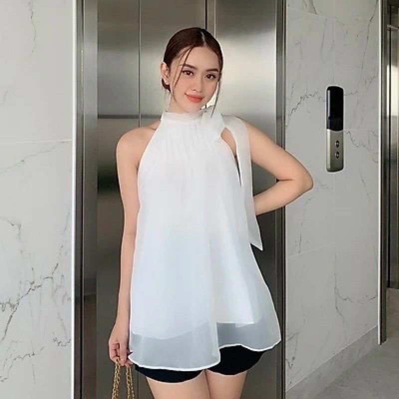 Áo tơ cổ yếm cột nơ, áo kiểu nữ mặc cá tính
