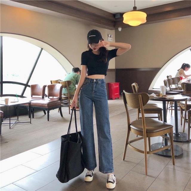 QUẦN JEANS XUÔNG DÀI TRƠN xanh đậm- nhạt may gấu- clip shop quay