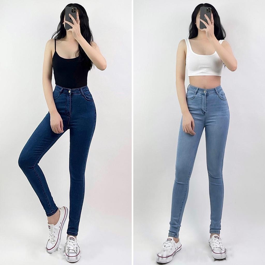 Quần jean nữ lưng cao co giãn dáng ôm có túi CHERRY, quần bò nữ cạp cao ôm bigsize trơn dài basic T022