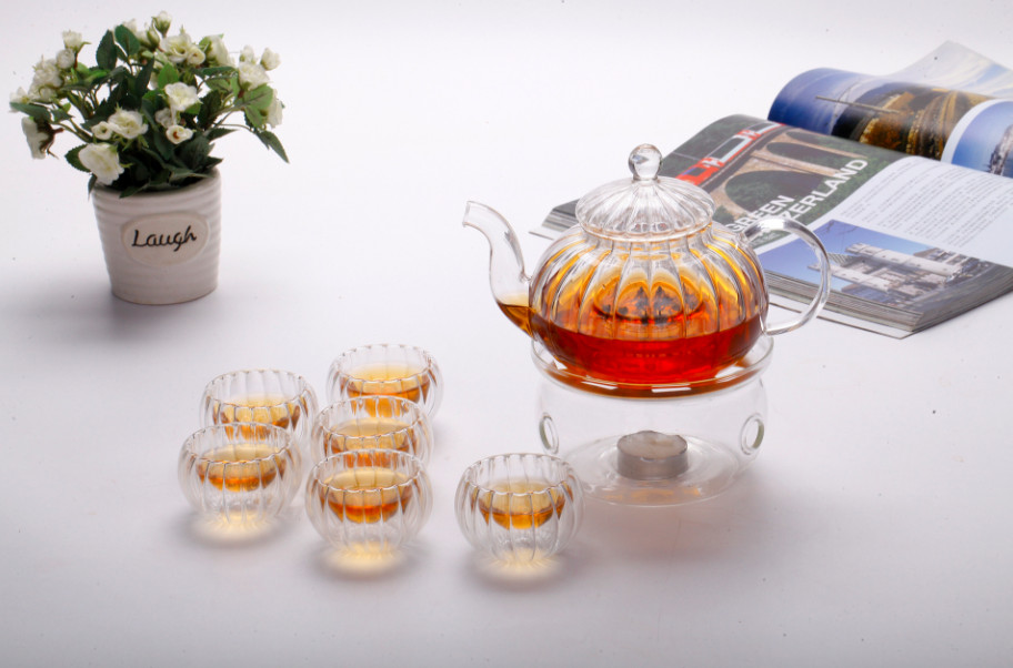BỘ ẤM CHÉN PHA TRÀ THỦY TINH HOA CÚC KÈM KHAY TRE - ANTH679