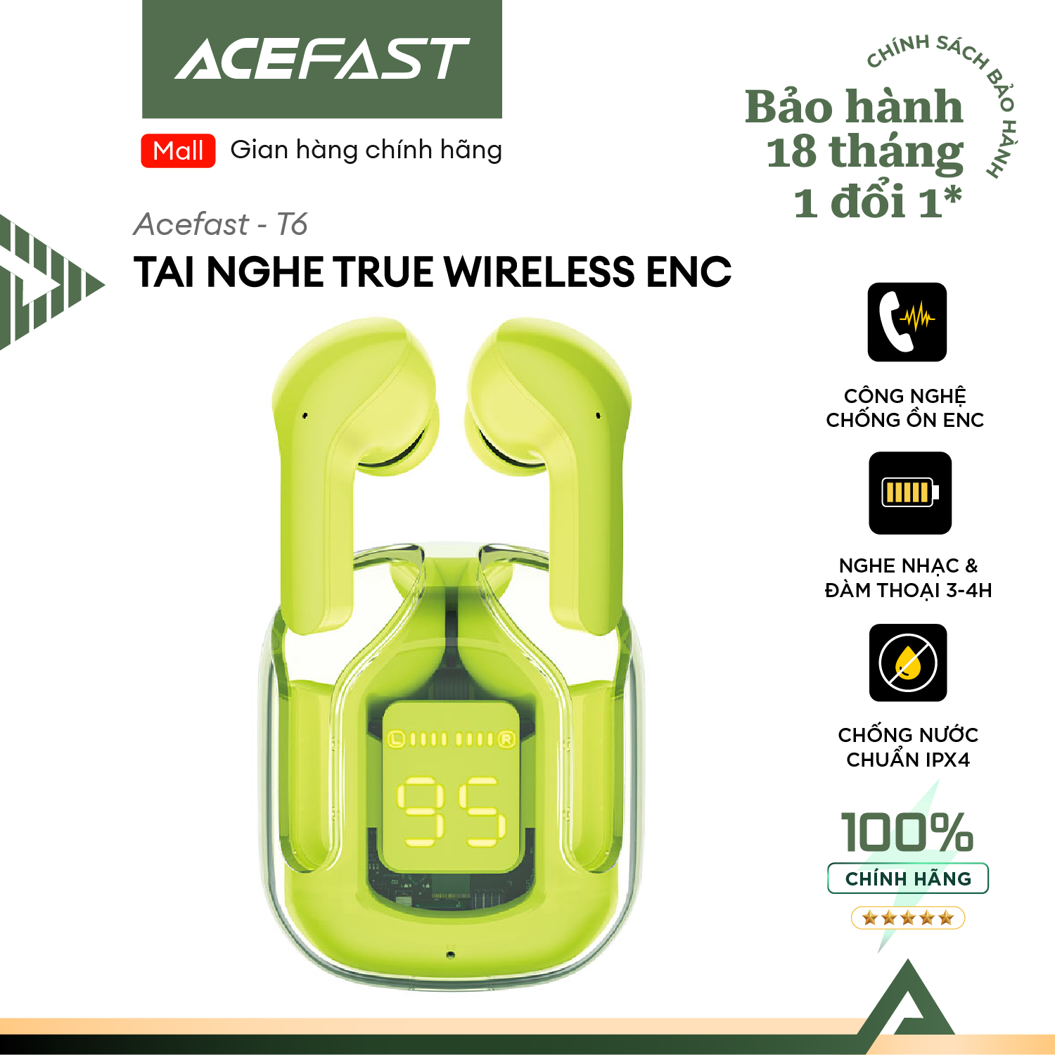 Tai nghe Bluetooth ACEFAST T6 True Wireless, 25 giờ nghe nhac, giảm ồn ENC, có màn LED hiển thị - T6 Hàng chính hãng