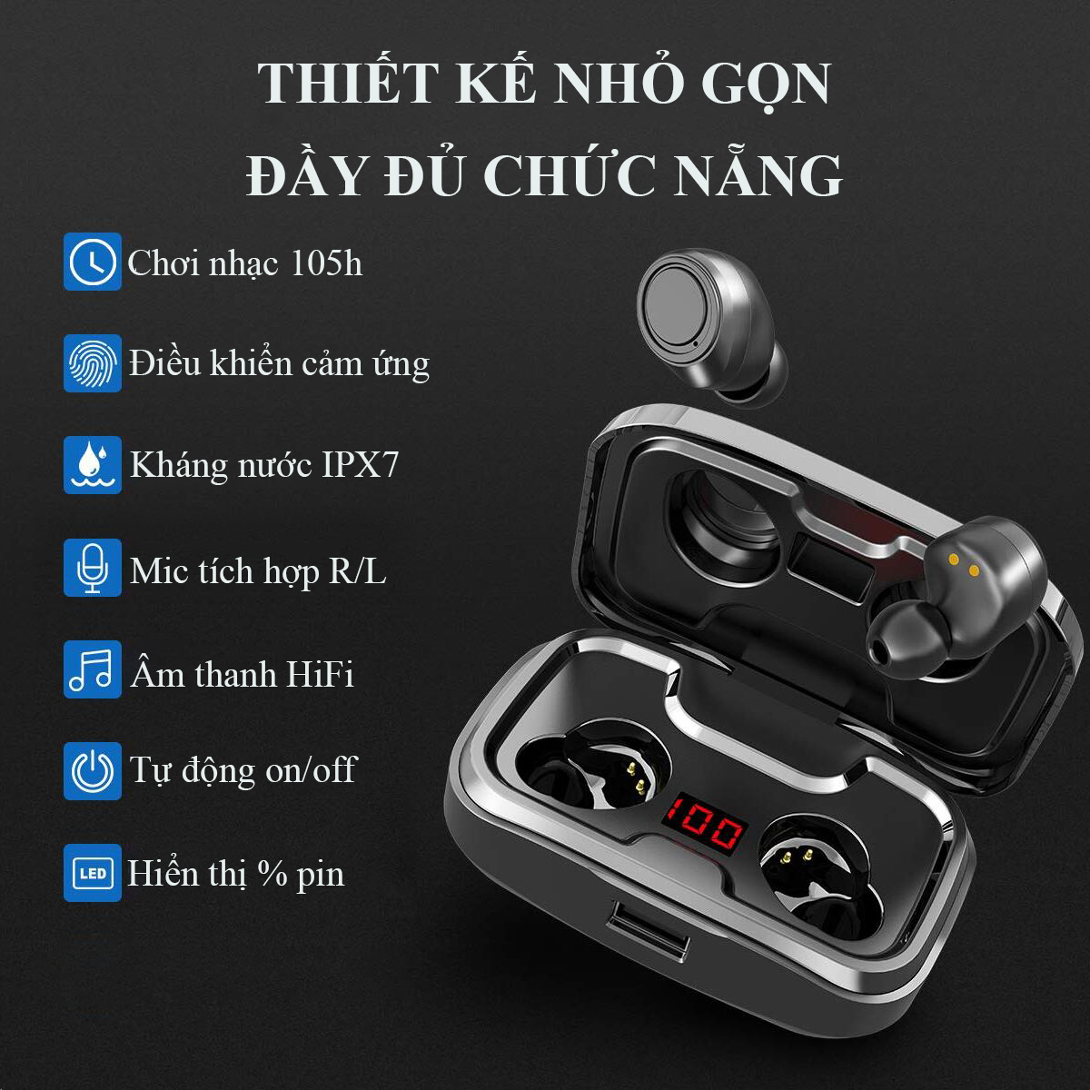 Tai Nghe Bluetooth True Wireless Cảm Ứng Không Dây TCT-HGD-X10 Dung Lượng Pin Lớn-Điều Chỉnh Âm Lượng - Hàng Chính Hãng