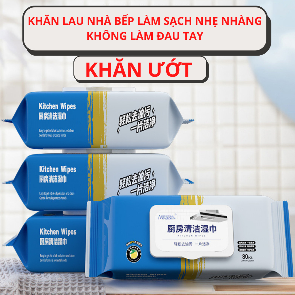 Khăn ướtKhăn ướt lau bếp đa năng, Giấy ướt lau vệ sinh nhà bếp, [ HỘP 80 TỜ ]  bát đĩa cỡ lớn siêu dai an toàn cho da tay