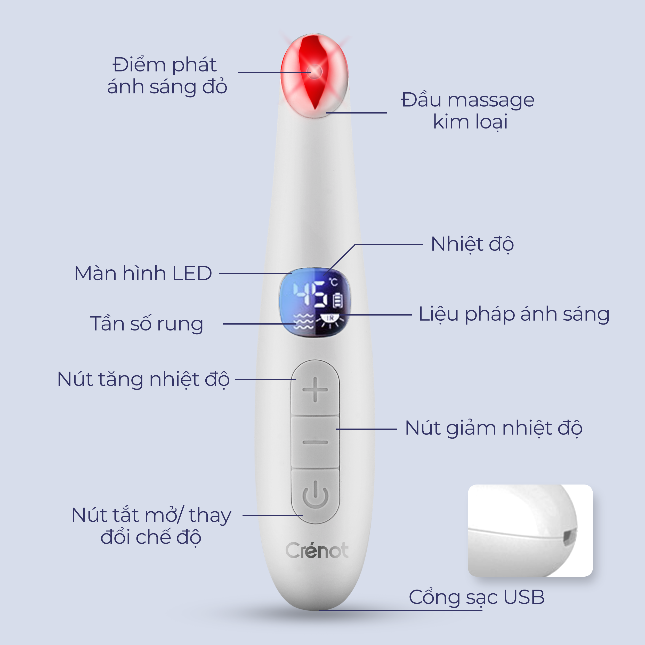 Máy Massage Mắt Cầm Tay Mini Nhiệt Rung Crenot Erie V2 Mát Xa Giảm Thâm Bọng Nhức Mỏi Mờ Nếp Nhăn