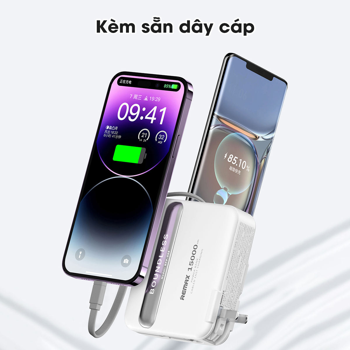 Củ sạc kiêm sạc dự phòng đa năng 15000mah Remax RPP-588 Tích hợp cáp sạc 45W sạc cả máy tính bảng và laptop - Hàng Chính Hãng Remax