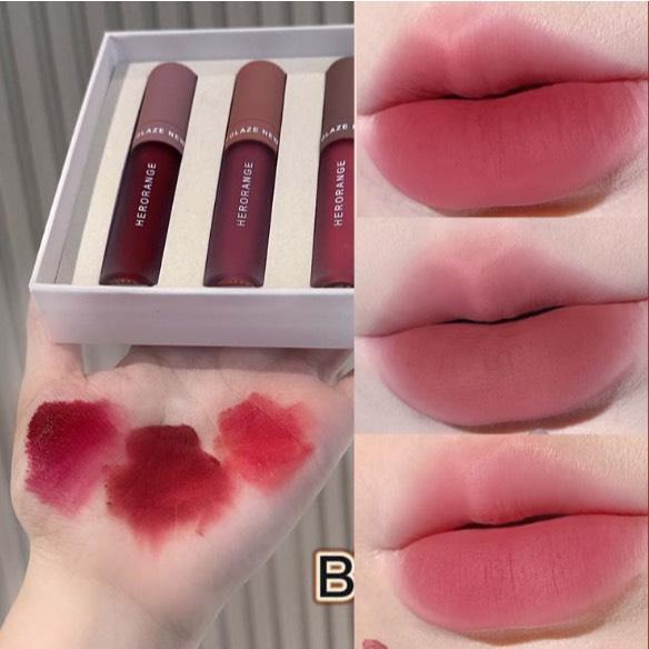 Set 3 cây son lì HERORANGE/VELVET LIP GLAZE THREE COLOR SUIT lâu trôi mịn như nhung - Hity Beauty