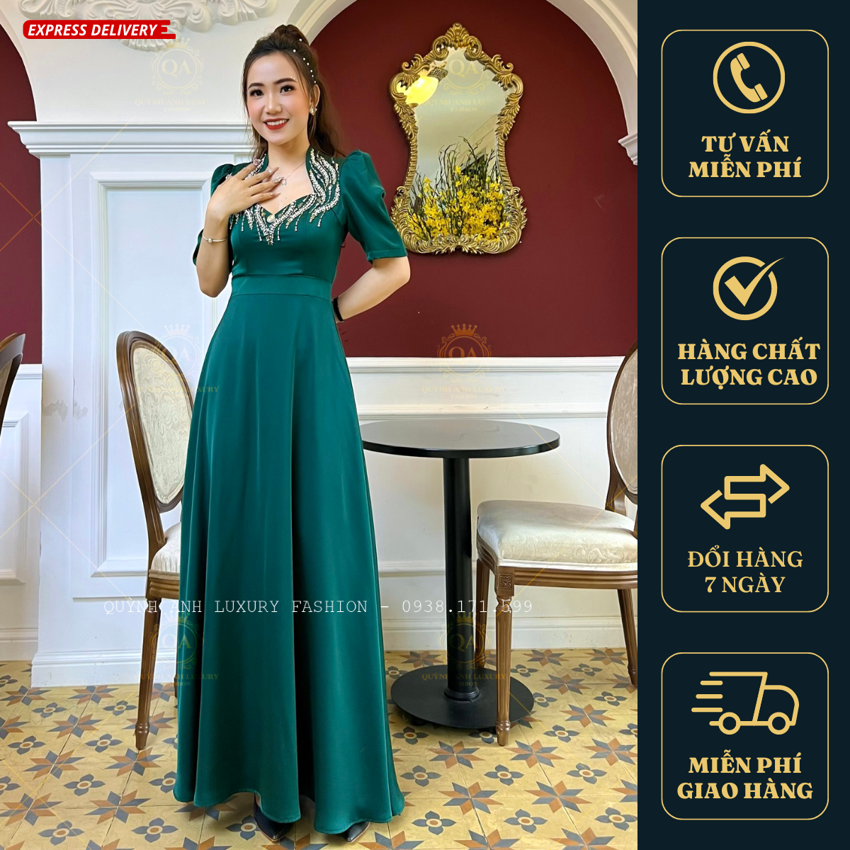 Váy Đầm Dạ Hội Nữ Hoàng Xanh Lá Đính Đá Pha Lê Rosaleen Dress