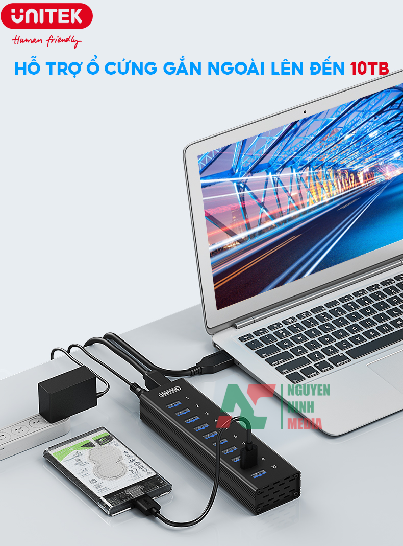 Bộ Chia USB 3.0 10 Cổng UNITEK H305A Tốc Độ Cao 5Gbps - Hàng Chính Hãng