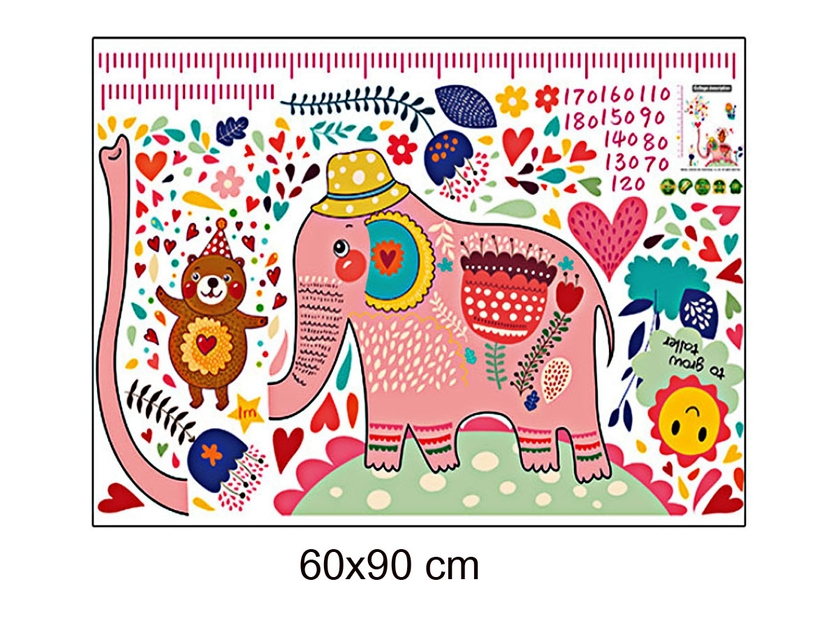 Decal dán tường thước đo chiều cao cho bé thước đo voi hồng ngộ nghĩnh sk9036