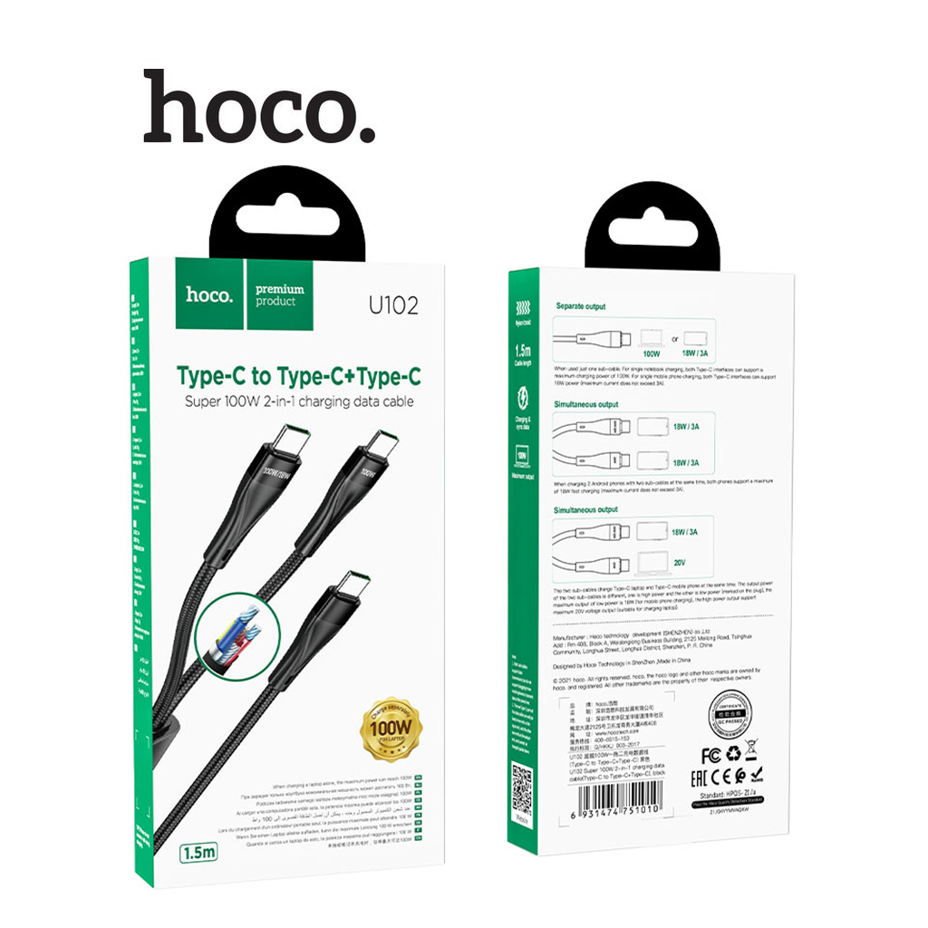 Cáp sạc 100W Hoco U102 Type-C sang Type-C và Type-C vải dù siêu bền dài 1.5M cho Android - Hàng chính hãng