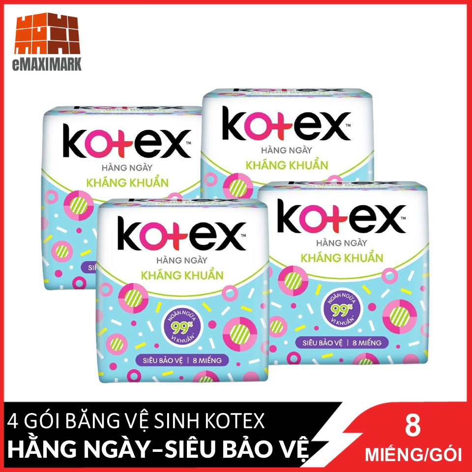 Combo 4 Băng Vệ Sinh Kháng Khuẩn Hàng Ngày Kotex Siêu Bảo Vệ 8 miếng