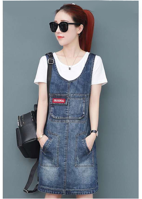 Đầm Yếm Jean Nữ Thêu Logo Thời Trang