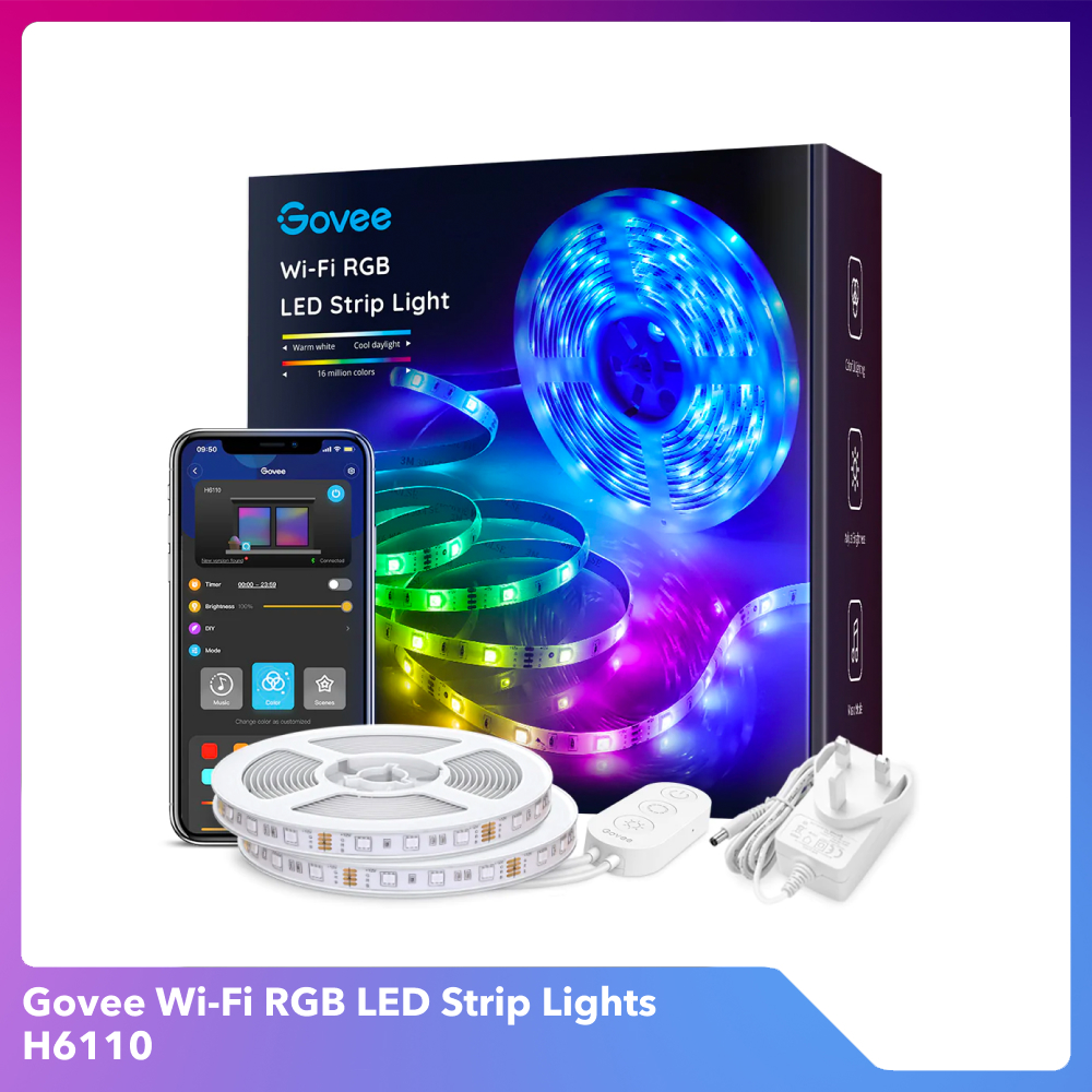 Dây đèn LED RGB chạy đuổi Govee Wi-Fi Strip Lights H6110 | Gồm 2 cuộn 5m, Cảm biến nhấp nháy theo nhạc độc đáo