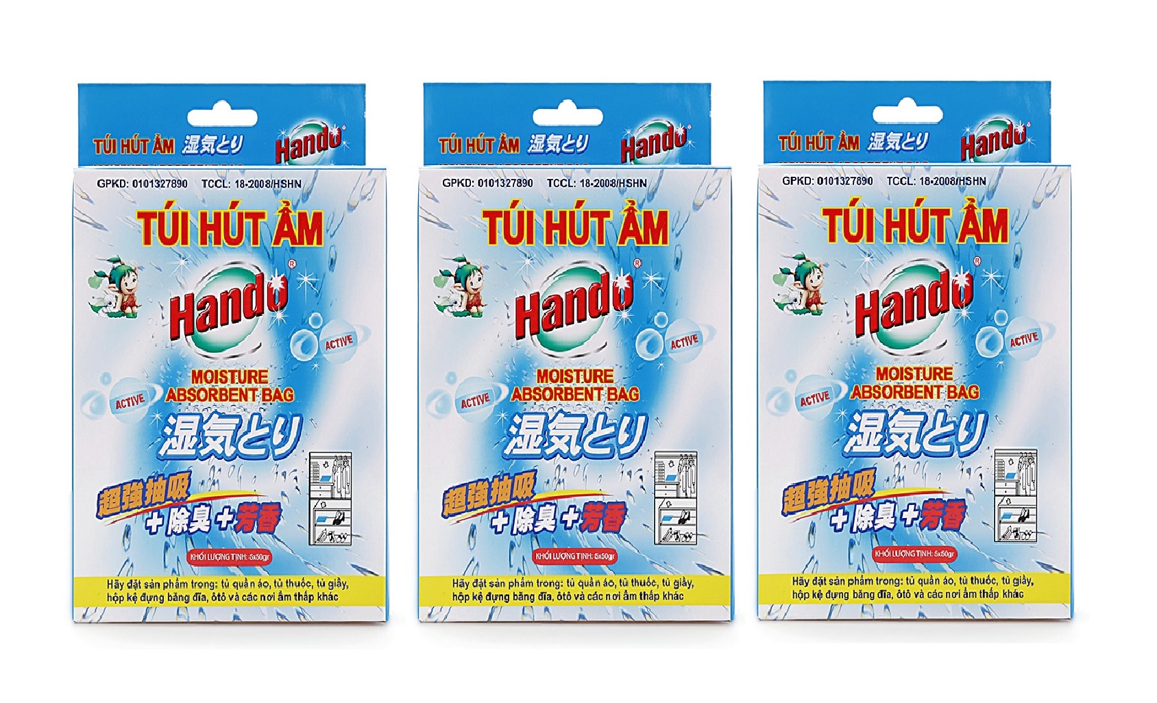 Bộ 3 hộp gồm 15 túi hút ẩm Hando (50g/túi)