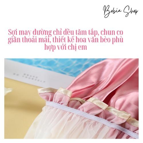 Mũ tắm, mũ ủ tóc lụa satin 2 lớp dày dặn chống thấm nước tốt
