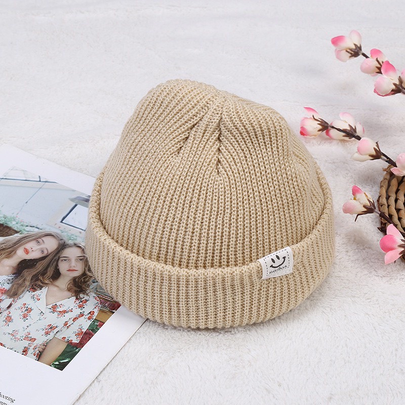 ￼Mũ Nón Len beanie Trùm Đầu nam, nữ họa tiết mặt cười nhỏ Phong Cách Năng Động Chất Lượng Cao Màu Be