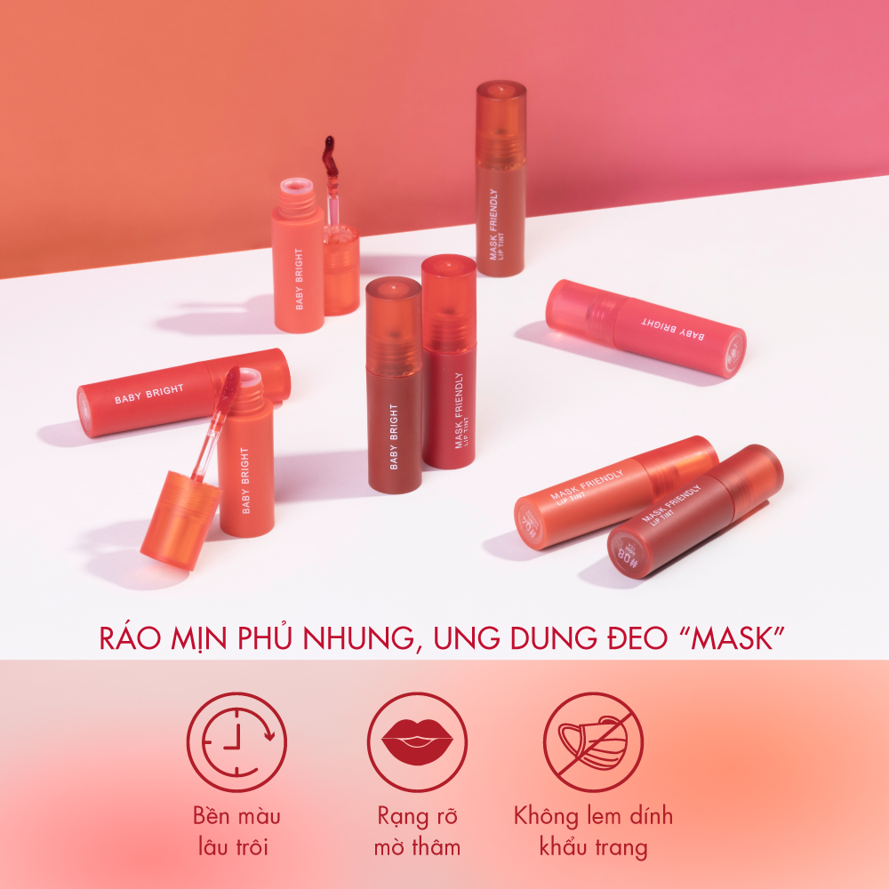 Son tint Baifern siêu lì lâu trôi, tôn da và không lem khẩu trang Baby Bright Mask Friendly Lip Tint 2.5g