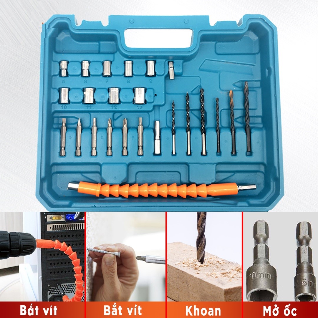 Máy khoan pin RAKUTEN 12V khoan sắt, khoan gỗ máy 2 pin, đảo chiều và mũi khoan